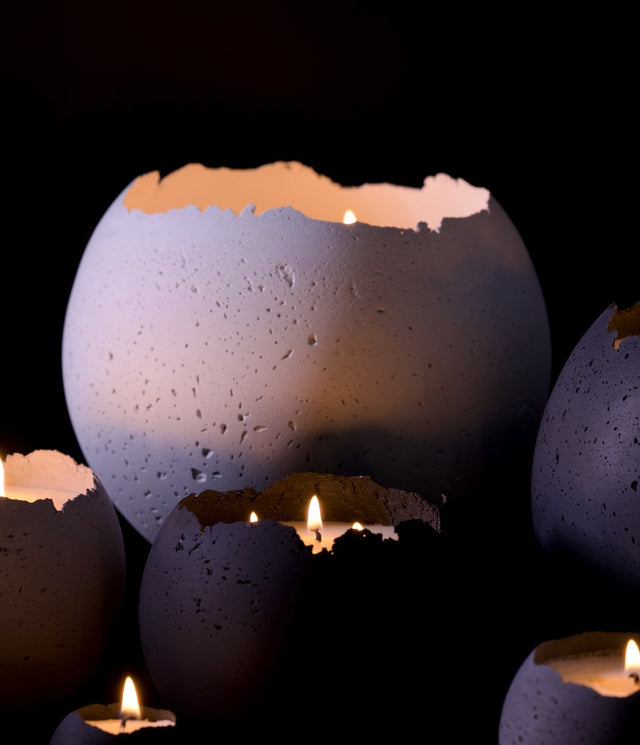 concrete Orbis candle holders in raw concrete with a live edge. Extra large white vessel