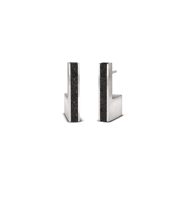 Pair of modern geometric earrings in stainless steel with inlaid concrete-and-diamond dust, inspired by the Bauhaus minimalist designs of Anni Albers.