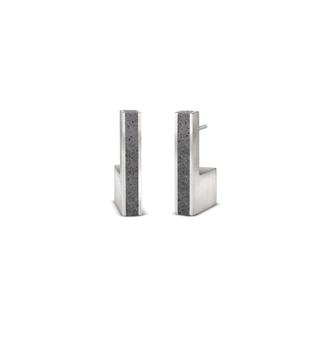 Pair of modern geometric stainless steel earrings with rectangular inlays of concrete, inspired by Bauhaus minimalist design principles.