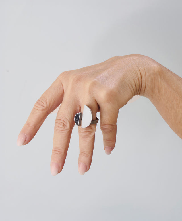 Gabo ring is inspired by Naum Gabo's pioneering spirit at the Bauhaus. Just as Gabo embraced geometric abstraction and innovative materials, these rings feature concrete and stainless steel in dynamic, contemporary designs that capture the essence of both Gabo's vision and the Bauhaus ethos, offering a timeless fusion of artistry and technology.