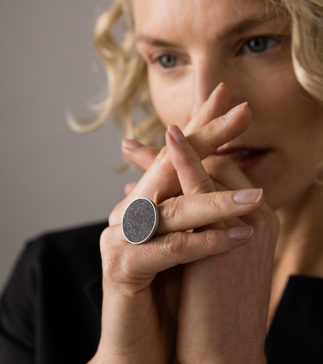 Antares stainless steel ring set with diamond dust-and-concrete.