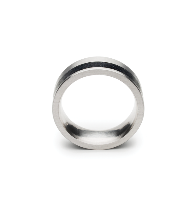 Concrete tinted black is set into architecturally inspired stainless steel bands. Front view.