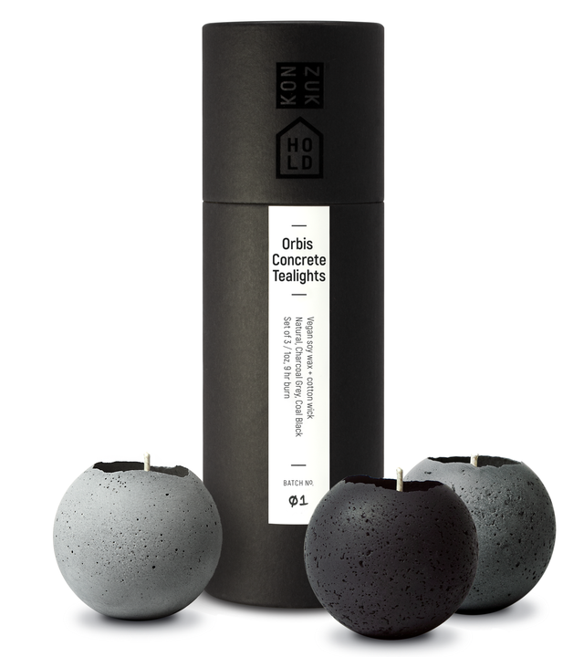 Set of 3 concrete tealight candles with branded black packaging