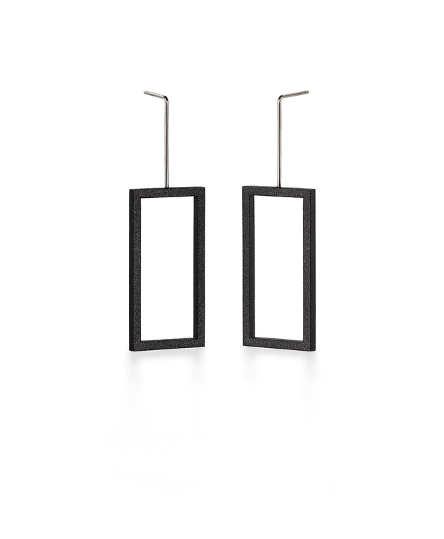 minimalist rectangular black powder coated drop earrings from the KONZUK Artus collection