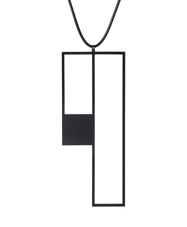 long sculptural black powder coated stainless steel geometric necklace from KONZUK Artus Ratio collection