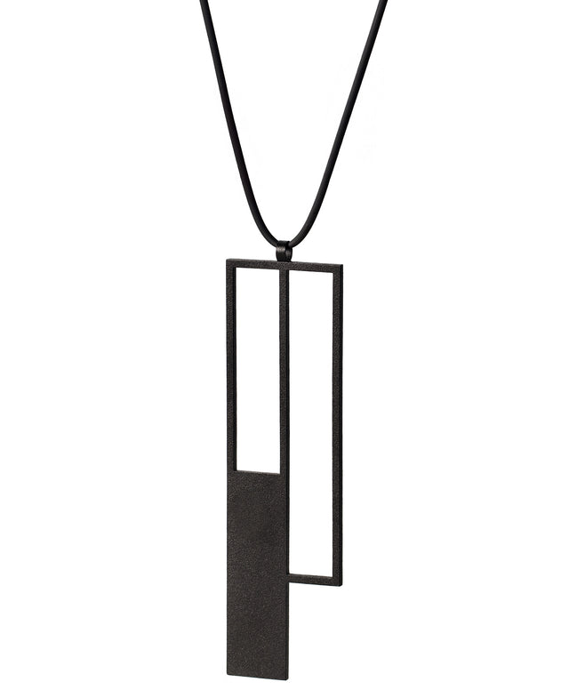 long thin rectangular black powder coated stainless steel necklace from the KONZUK Artus collection Rp5 side view