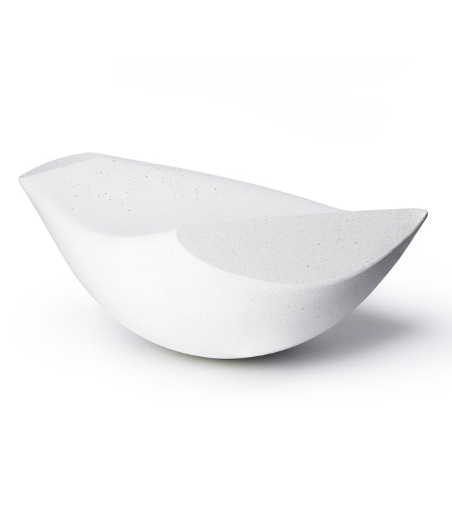 Sideview of large (Mère) Oiseau bird tabletop sculpture in white concrete.