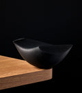 Black Oiseau Mere is perched on the edge of a wooden table.