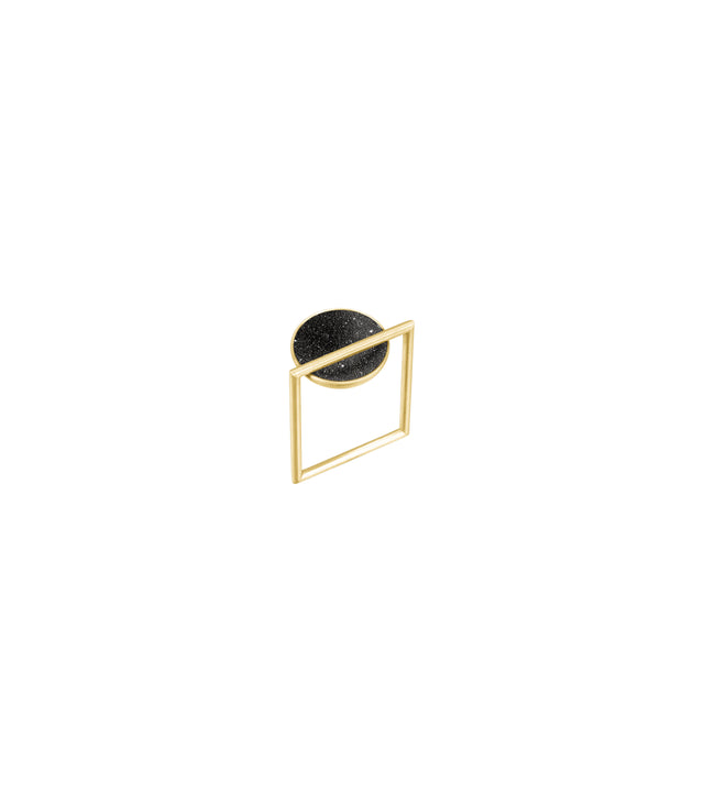Contemporary jewelry featuring concrete and diamond dust set into a solid 14 karat gold dome architecturally suspended from a square gold ring.