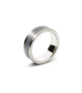 Quarter view of a KONZUK men's wedding ring with concrete set centered in a brushed stainless steel minimalist design.