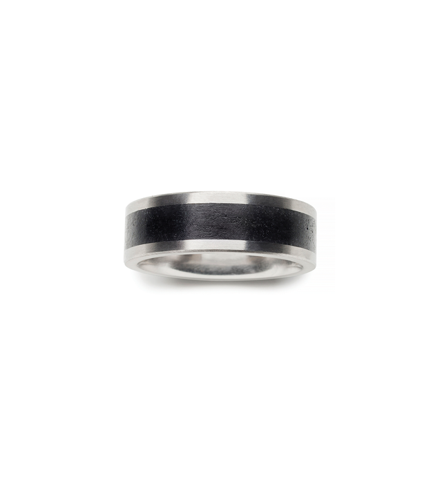 Classic men's natural black concrete and brushed stainless steel ring. Top view. KMR135
