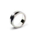 Black concrete ring designed to be set off-centered between brushed stainless steel bands. Quarter view profile.