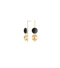 Freya Minor earrings feature the modern design of two double solid 14 karat gold domes, one lined with diamond dust infused black concrete both architecturally supported an elegant hanging 14k gold post.