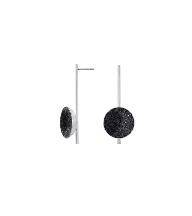 Inspira earrings feature authentic diamond dust embedded into a concrete lined stainless steel dome architecturally positioned onto a suspended minimalist steel post. 