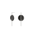 The Linnea earrings sparkle with diamond dust and black concrete set into a stainless steel dome architecturally suspended behind a minimalist steel post. 