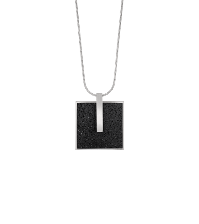 Memento Mindful locket with black concrete set into square stainless steel design.