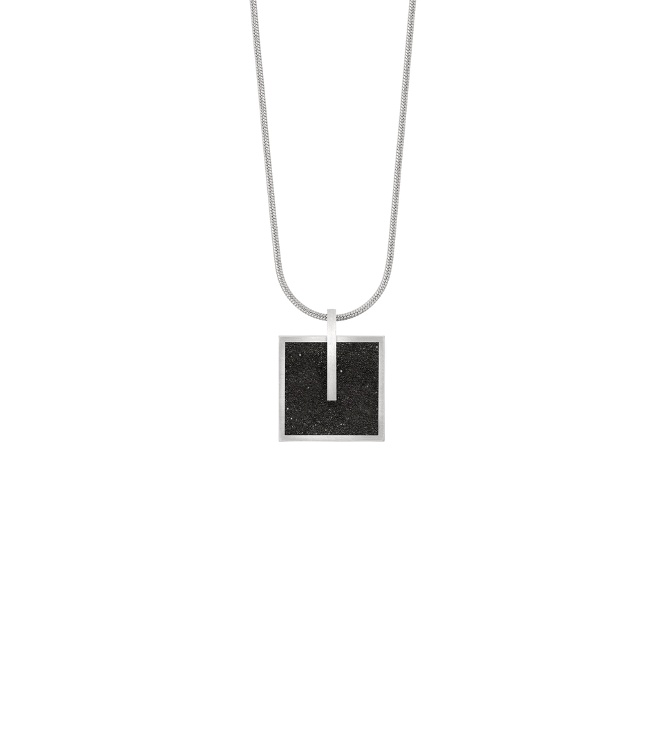 Memento Mindful pendent with diamond dust concrete set into small square stainless steel design.
