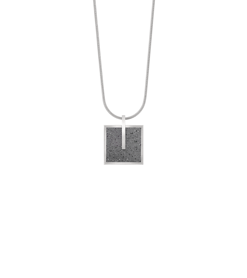 Memento Mindful pendent with concrete set into small square stainless steel design.