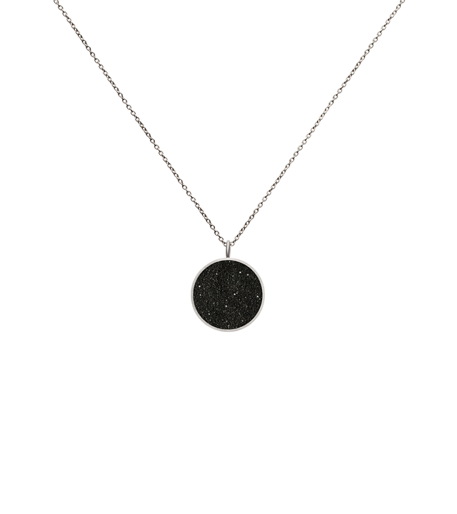 The Maia Minor concrete necklace sparkles with infused diamond dust set into stainless steel minimalist geometric form. 