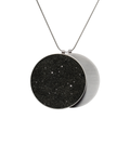 Larger overlapping double pendant in concrete, diamond dust and stainless steel hangs centred from a simple snake chain. 